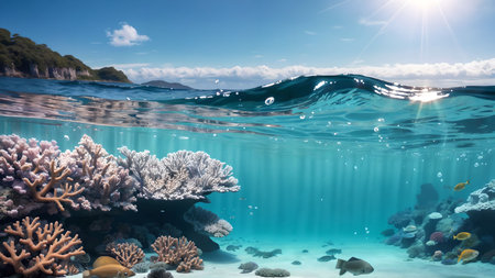 Underwater view of coral reef with fish and seagullsの素材