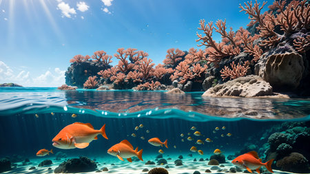 Underwater scene with coral reef and fish. 3d render.の素材