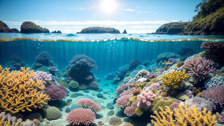 Underwater view of beautiful coral reef with fish and tropical fish.の素材