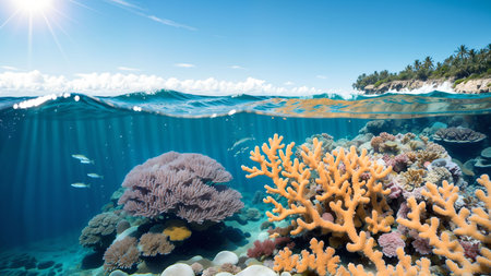 Underwater view of coral reef with tropical fishes and seaweed.の素材
