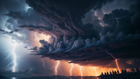 Stormy sky with lightning. Nature background. 3d illustration.の素材