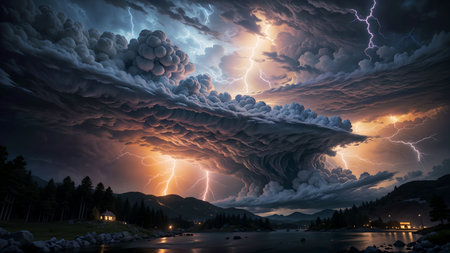 Fantasy landscape with stormy sky. 3D Rendering.の素材