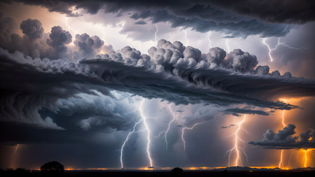 Lightning in the night sky, thunderstorm. 3d renderingの素材