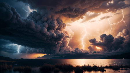Dramatic sky with lightning over lake at sunset. 3d renderingの素材