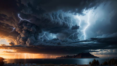 Thunderstorm over the sea. Dramatic sky. 3d renderの素材