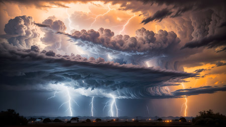 Dramatic stormy sky with lightning, thunderstorm and rainの素材