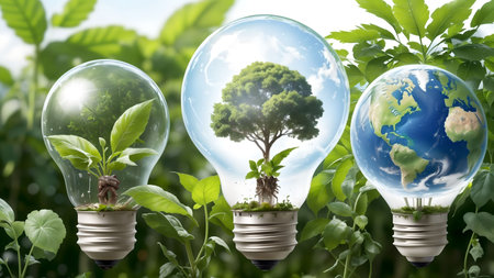 Green energy concept. Light bulbs with planet Earth inside and green tree insideの素材