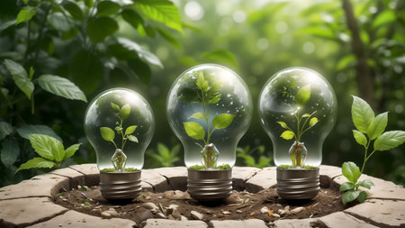 Ecology concept, eco light bulb in the ground with green plantの素材