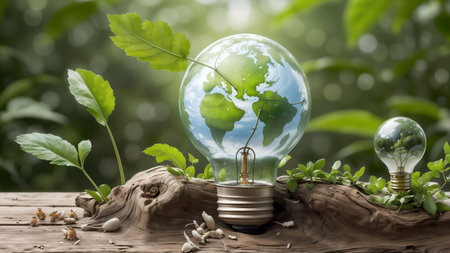 Eco lightbulb with earth globe on old wooden background.の素材