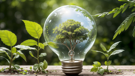 Glass light bulb with green tree inside on wooden table with nature backgroundの素材