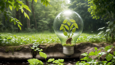 Green light bulb in the forest. Ecology and environment protection concept.の素材