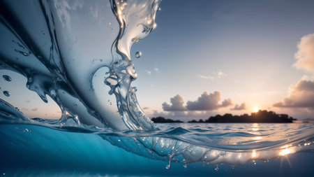 splashes of water on a background of the sea and sunset skyの素材