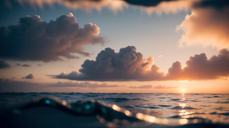 Beautiful seascape with blue sky and clouds reflected in waterの素材