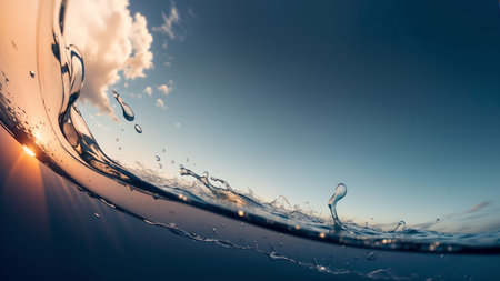 Water splash with sun rays and blue sky. 3d rendering.の素材