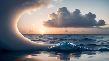 3D rendering of a big wave in the ocean at sunset.の素材