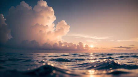 Beautiful seascape at sunset. Dramatic sky with clouds reflected in waterの素材
