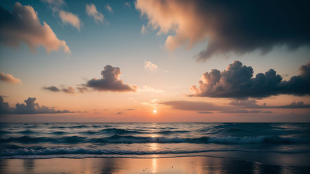 Beautiful sunset over the sea. Dramatic sky with clouds and waves.の素材