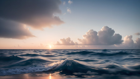 Sunset on the sea with waves and clouds in the sky.の素材