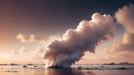 Volcanic eruption on the sea at sunset. 3d illustrationの素材