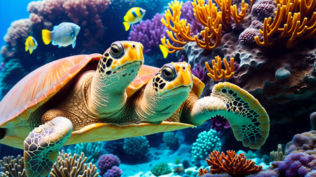 Green sea turtle swimming in the coral reef. Underwater world.の素材