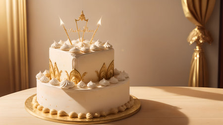 Birthday cake with candles on wooden table, shallow depth of fieldの素材