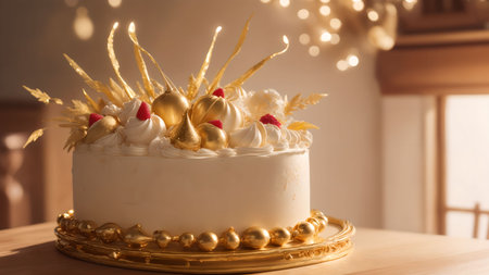 Beautiful birthday cake with golden decor on table indoors, closeupの素材