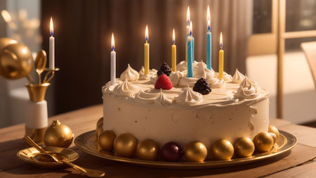 Birthday cake with candles and golden baubles on wooden tableの素材