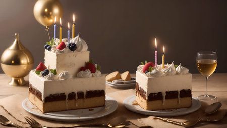Birthday cake with candles on a wooden table. Selective focus.の素材