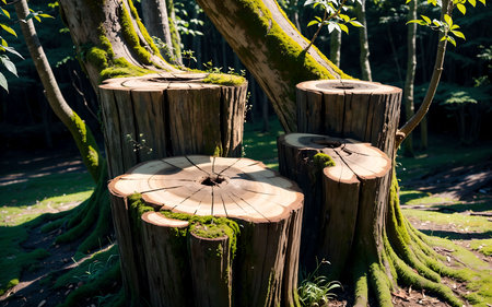 Wooden stump in the forest with green moss and tree trunksの素材