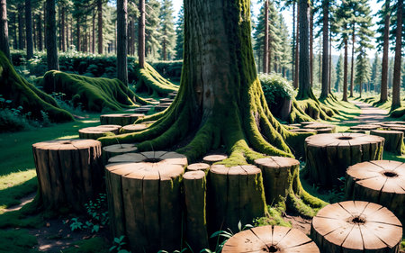 Tree stump in the park with moss and tree trunks, tonedの素材