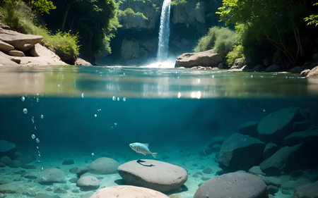 waterfall in the deep forest with rocks and a fish in the waterの素材