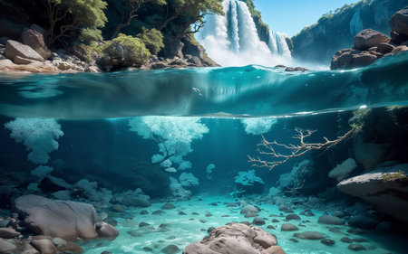 Tropical waterfall with clear turquoise water, underwater landscapeの素材