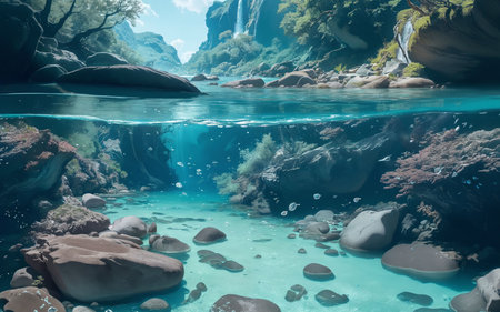 Underwater view of beautiful tropical waterfall and blue lake. 3d renderingの素材