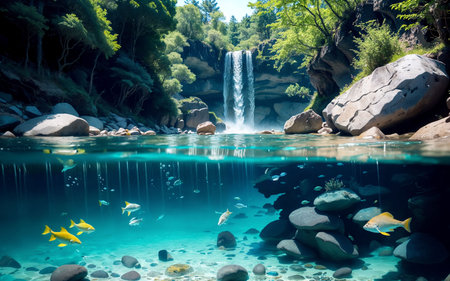 Beautiful waterfall in the deep forest. Underwater world landscape.の素材