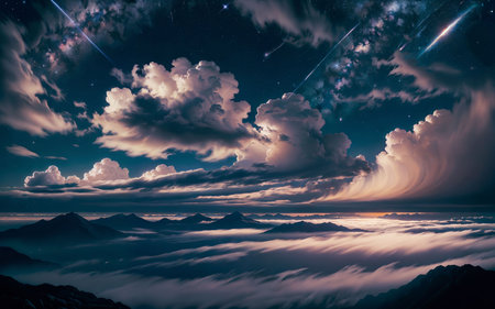 Night sky with clouds and stars over the sea. Fantasy landscape.の素材