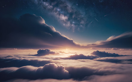 Fantastic view above the clouds at night. Dramatic sky. Beauty world.の素材