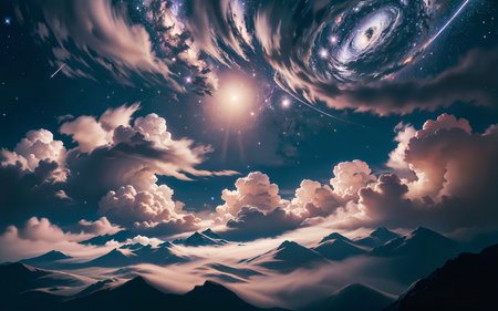 Fantasy landscape with clouds and stars in the sky. 3d illustrationの素材