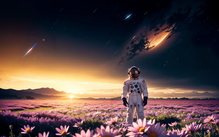 Astronaut in the field of blooming lavender at sunsetの素材
