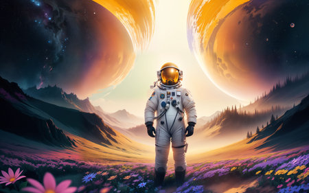 Astronaut on the background of the planet. 3d renderingの素材