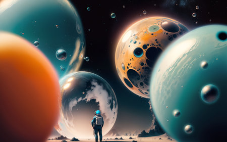 Astronaut looking at planets in space. 3D Renderingの素材