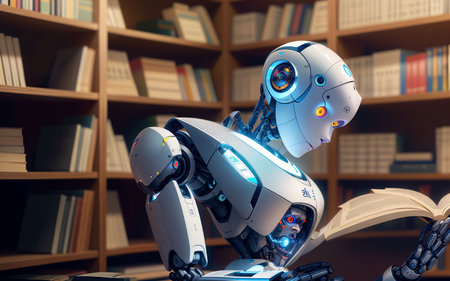 Robot reading a book in the library. 3d illustration.の素材