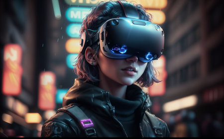 Portrait of a young woman wearing virtual reality goggles in the city.の素材