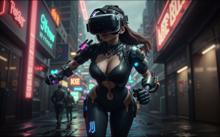 3d rendering of a female cyborg with virtual reality headset in the cityの素材