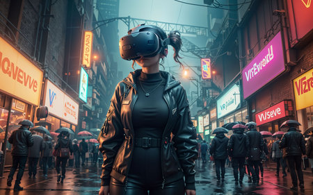 Woman wearing virtual reality glasses in the city at night. 3d rendering.の素材