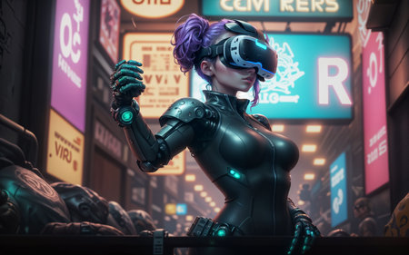 3D rendering of a female cyborg with purple hair and futuristic makeupの素材