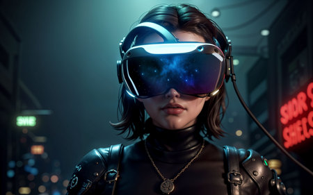 Beautiful woman wearing virtual reality goggles. Future technology concept. 3D Renderingの素材