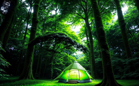 Tourist tent in the green forest at night, camping and travel conceptの素材