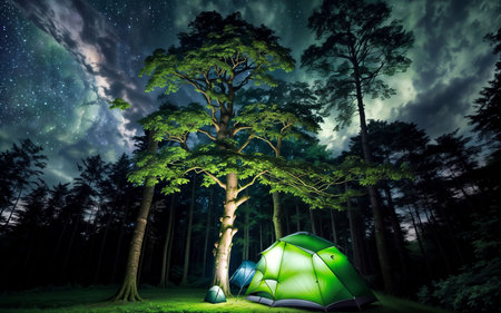 Camping in the forest at night. 3D Rendering.の素材