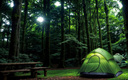 Camping tent in the forest with sunbeams in the backgroundの素材