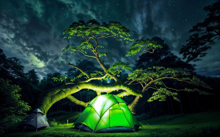 Camping in the forest at night with green tent and big treeの素材